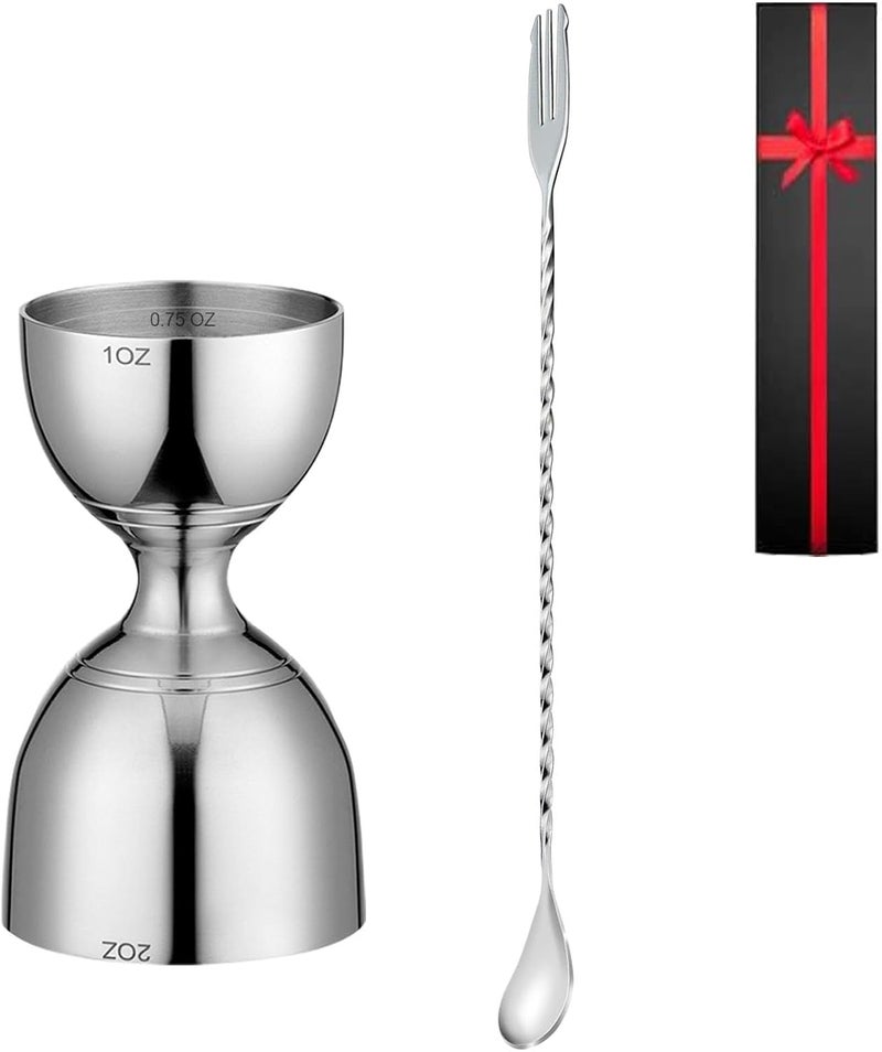 NMW earthmone Cocktail Jigger For Bartending,1oz And 2oz Silver Stainless Steel Double Jigger,Bar Jigger With 0.25 oz,0.5 oz,0.75 oz and 1.5 oz Inside Measuring Marks,Cocktail Measuring Jigger With Cocktail Spoon - Image 1
